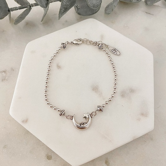 925 Sterling Silver Moon & Star Bracelet Dainty Bracelet Beaded Bracelet - Picture 3 of 4